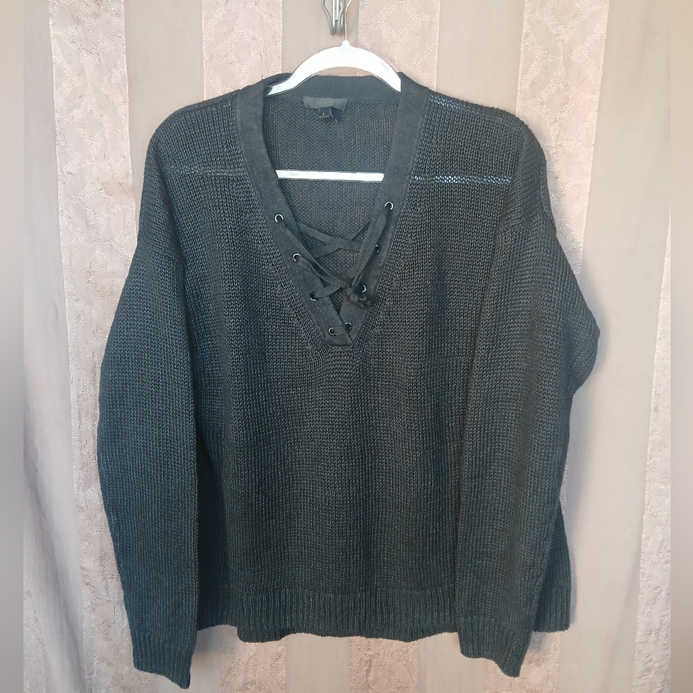 💎 J. Crew Women's Top 100% Linen Lace Up Sweater Gray V-Neck #0191